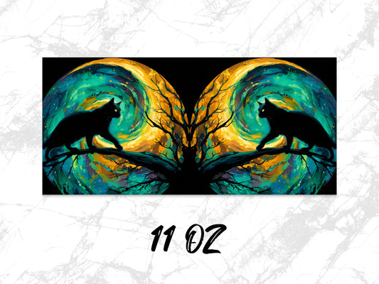 Abstract Cat Art Coffee Mug, Vibrant Teal and Black, Tree Silhouette, 11 oz, Unique Artistic Drinkware, Gift for Cat Lovers