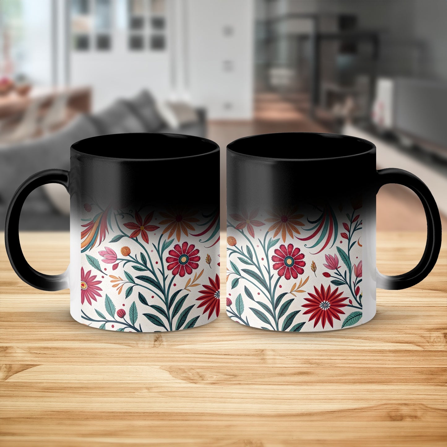 Vibrant Floral Design on Black and White Mug product type