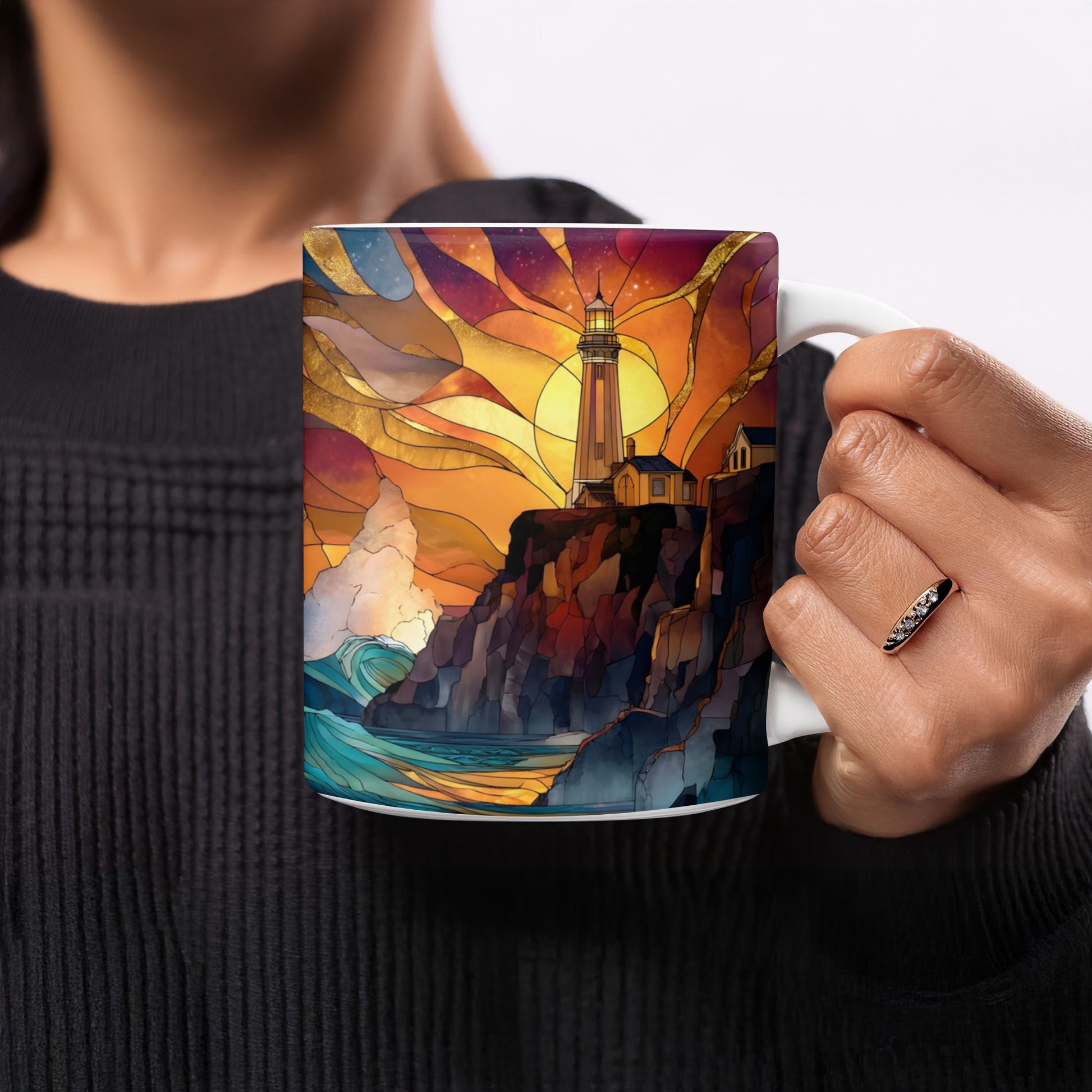 Vibrant Lighthouse and Ocean Design Ceramic Mug product