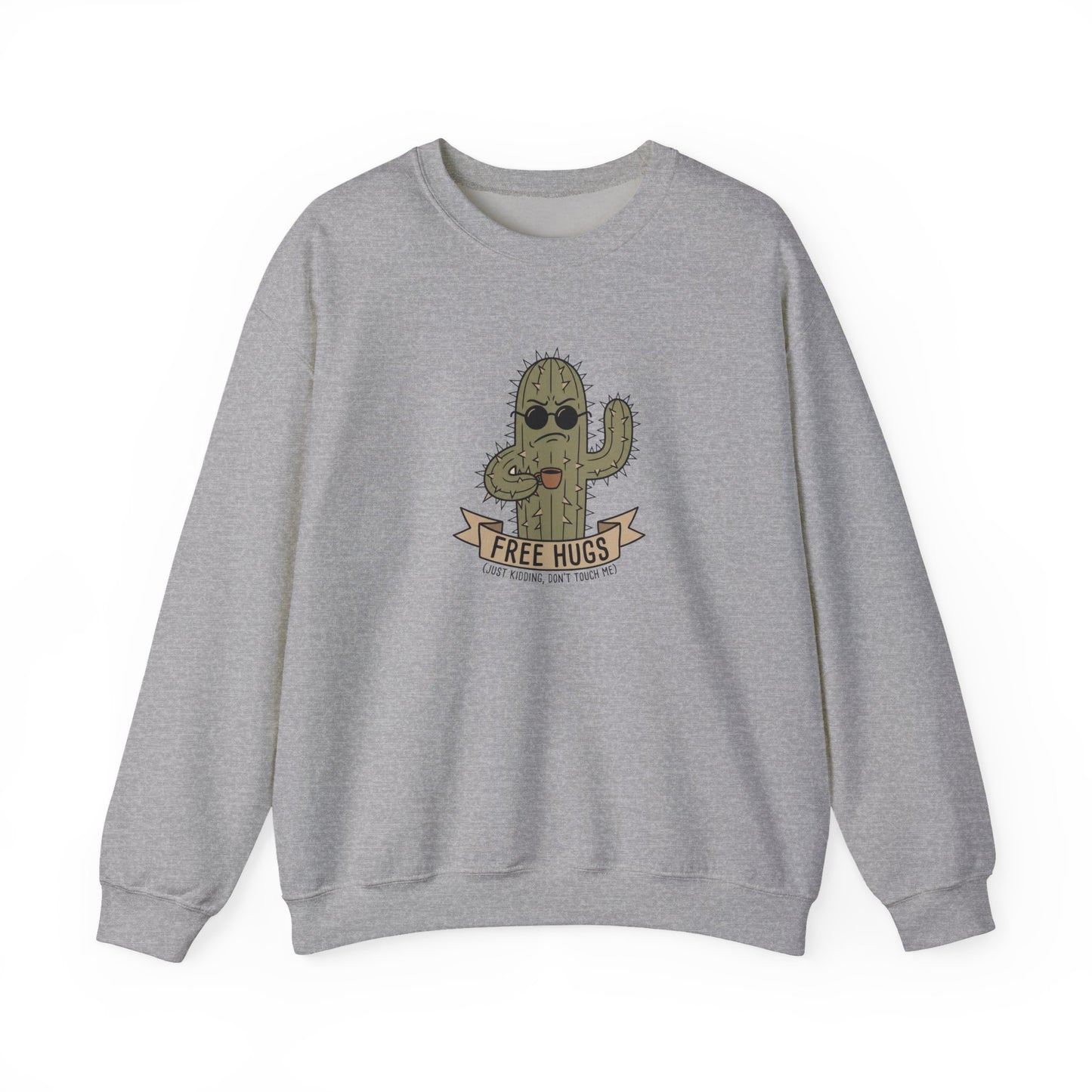 Gray sweatshirt with a cartoon cactus wearing sunglasses and drinking coffee.