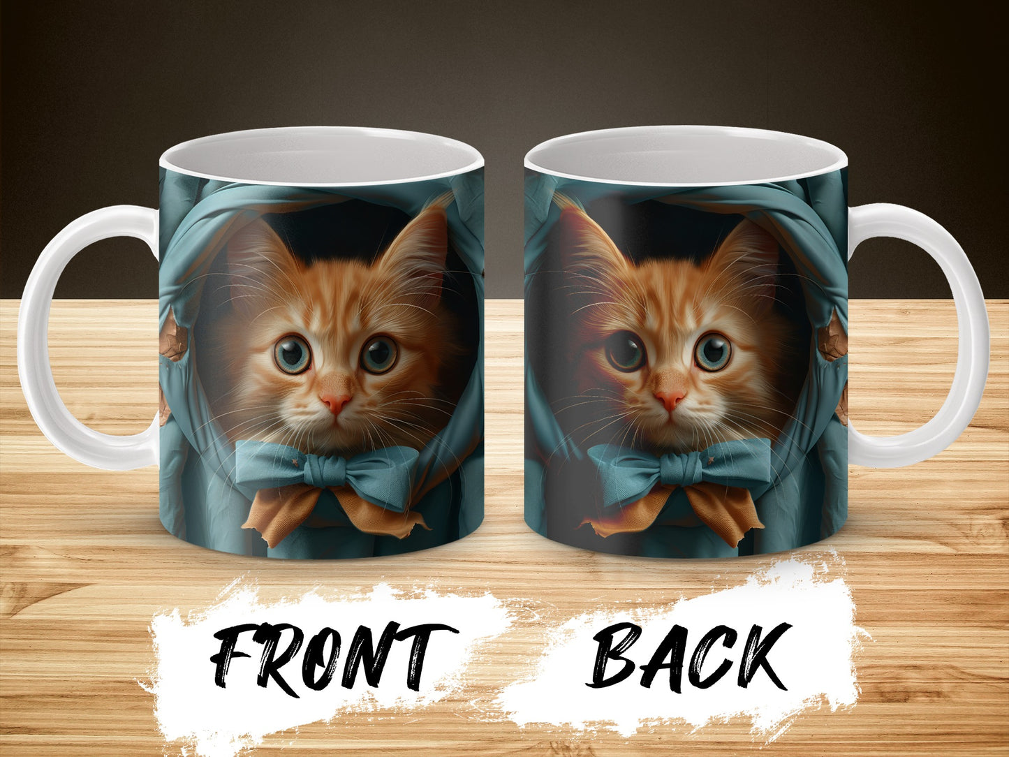 Cute Kitten Coffee Mug, Unique Cat Lover Gift, Blue Bow Tie Cat Print Mug, Double-Sided Ceramic Cup