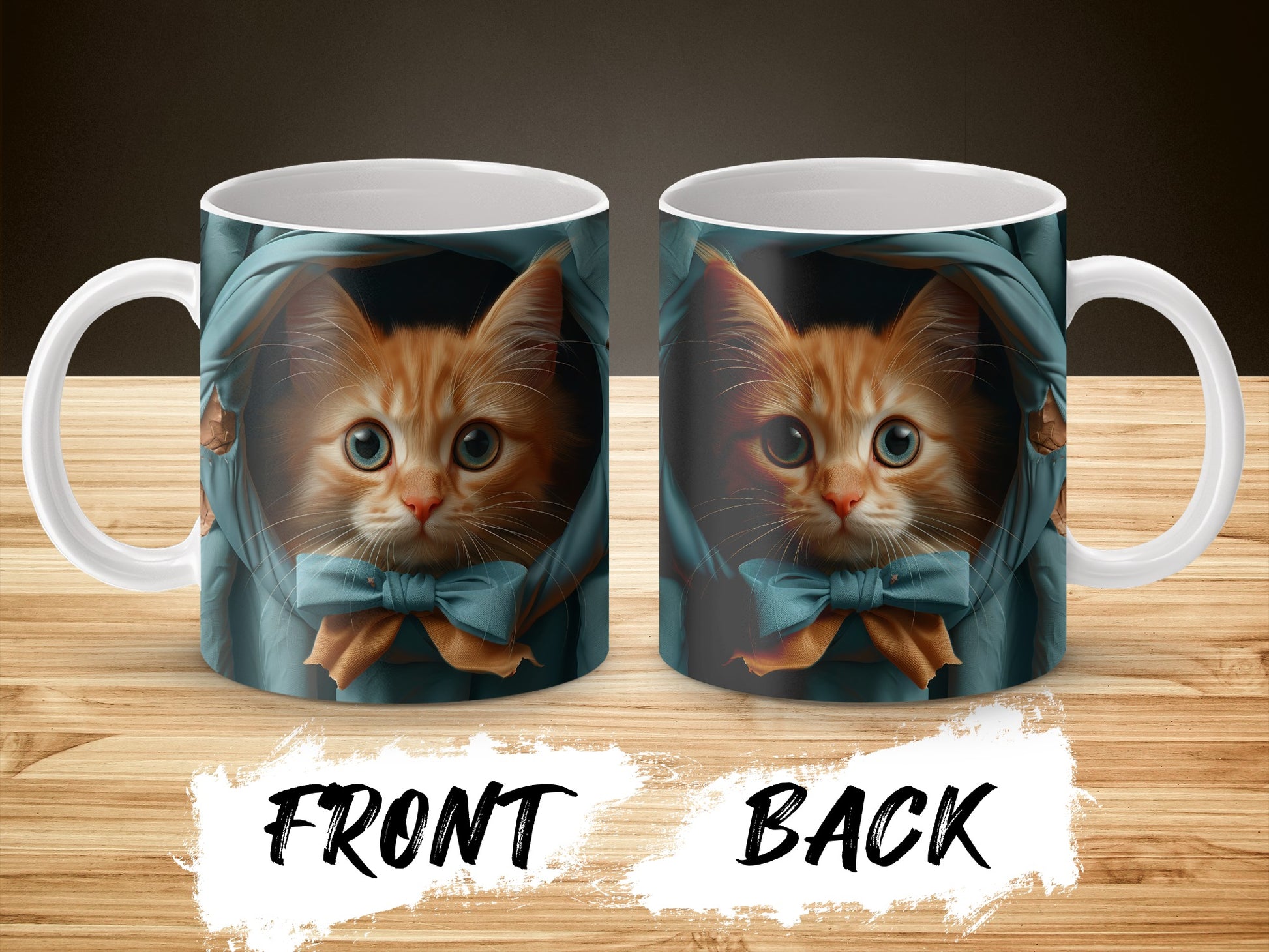 Cute Kitten Coffee Mug, Unique Cat Lover Gift, Blue Bow Tie Cat Print Mug, Double-Sided Ceramic Cup