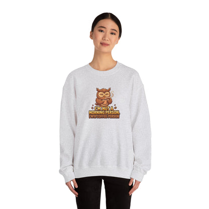Grey sweatshirt with owl drinking coffee and text "I'm not a morning person, I'm a coffee person."