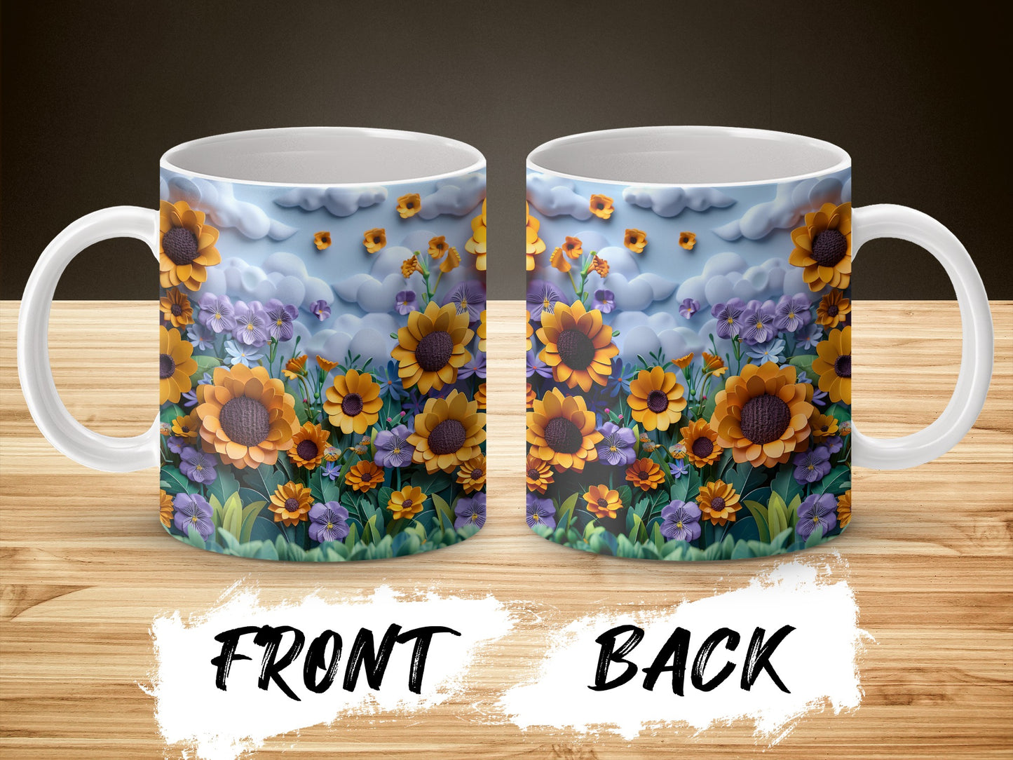 Floral Coffee Mug, Colorful Sunflower and Bee Design, Ceramic Tea Cup, Gift Idea, Dual-Sided Unique Print, Kitchen Decor
