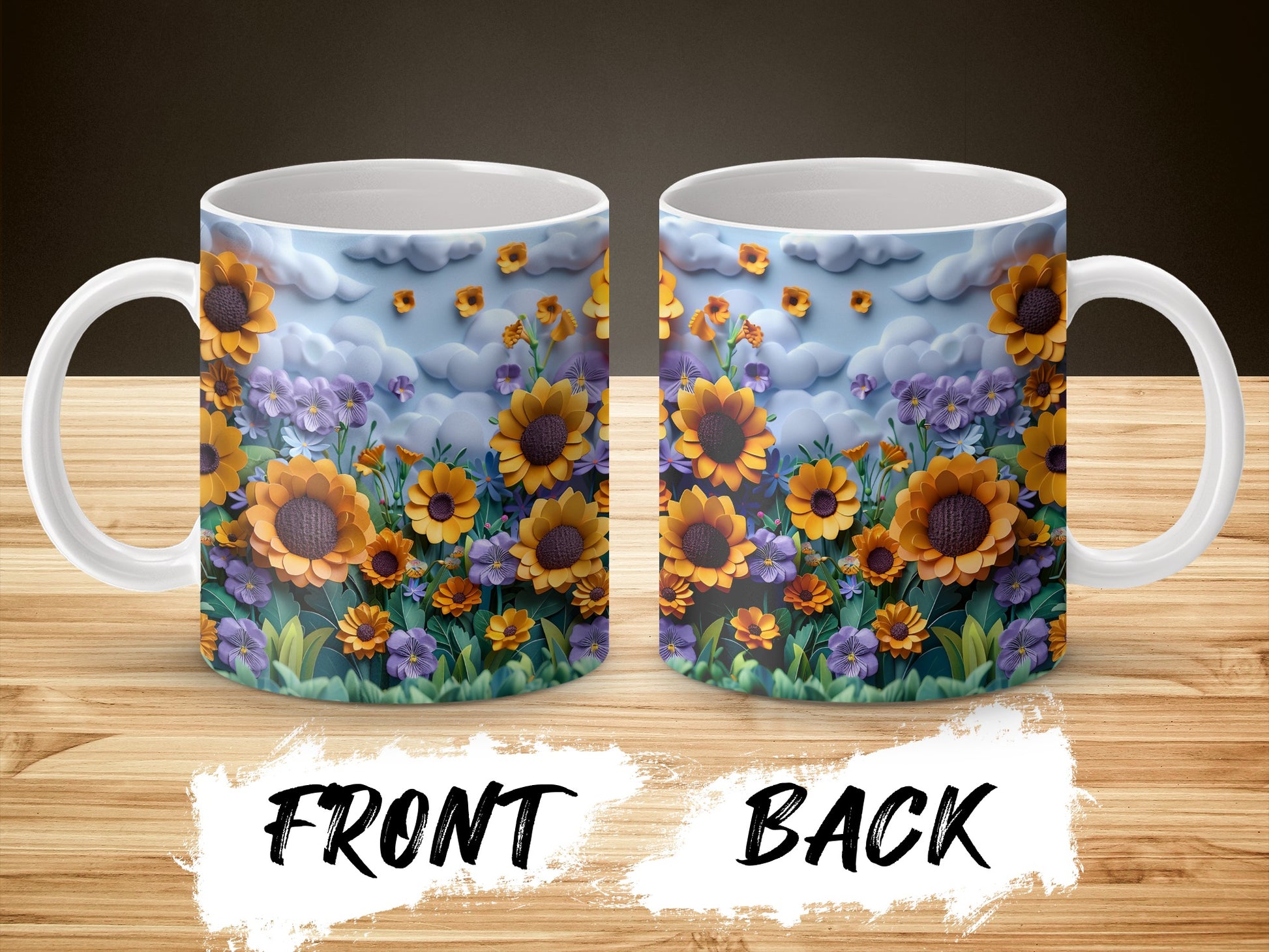 Floral Coffee Mug, Colorful Sunflower and Bee Design, Ceramic Tea Cup, Gift Idea, Dual-Sided Unique Print, Kitchen Decor