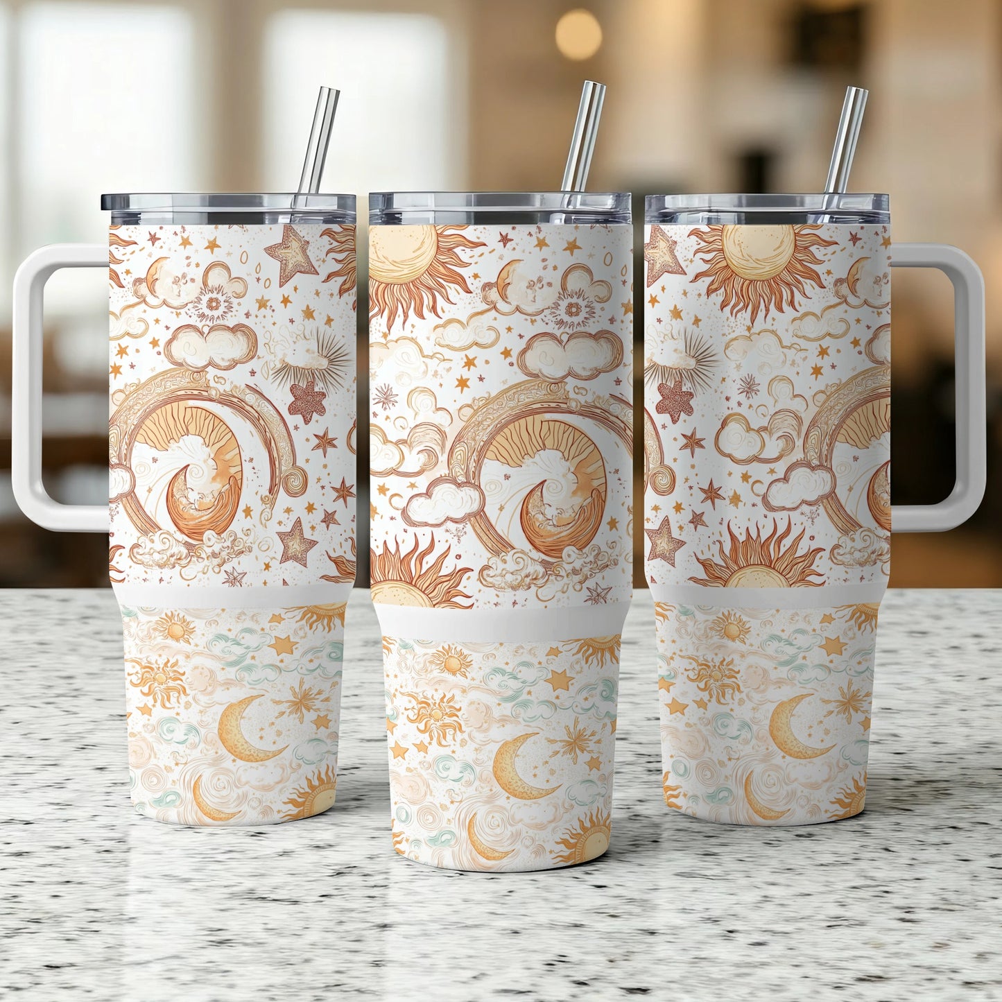 Boho Sun and Moon Tumbler, Celestial Stainless Steel Drinkware, Insulated Travel Cup with Straw, 20 oz