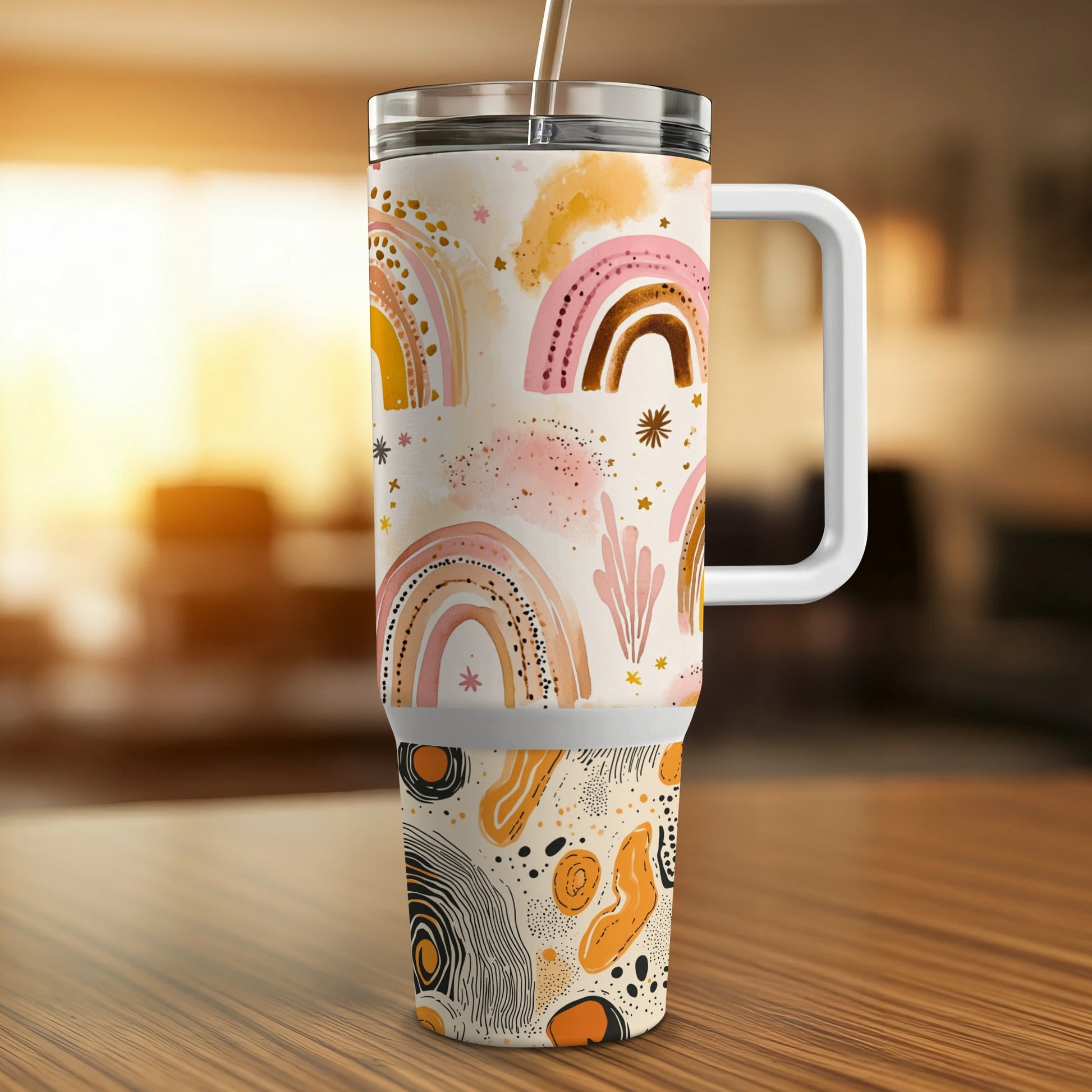 Colorful Rainbow and Stars Insulated Travel Mug, Boho Chic Coffee Tumbler, Unique Gift Idea