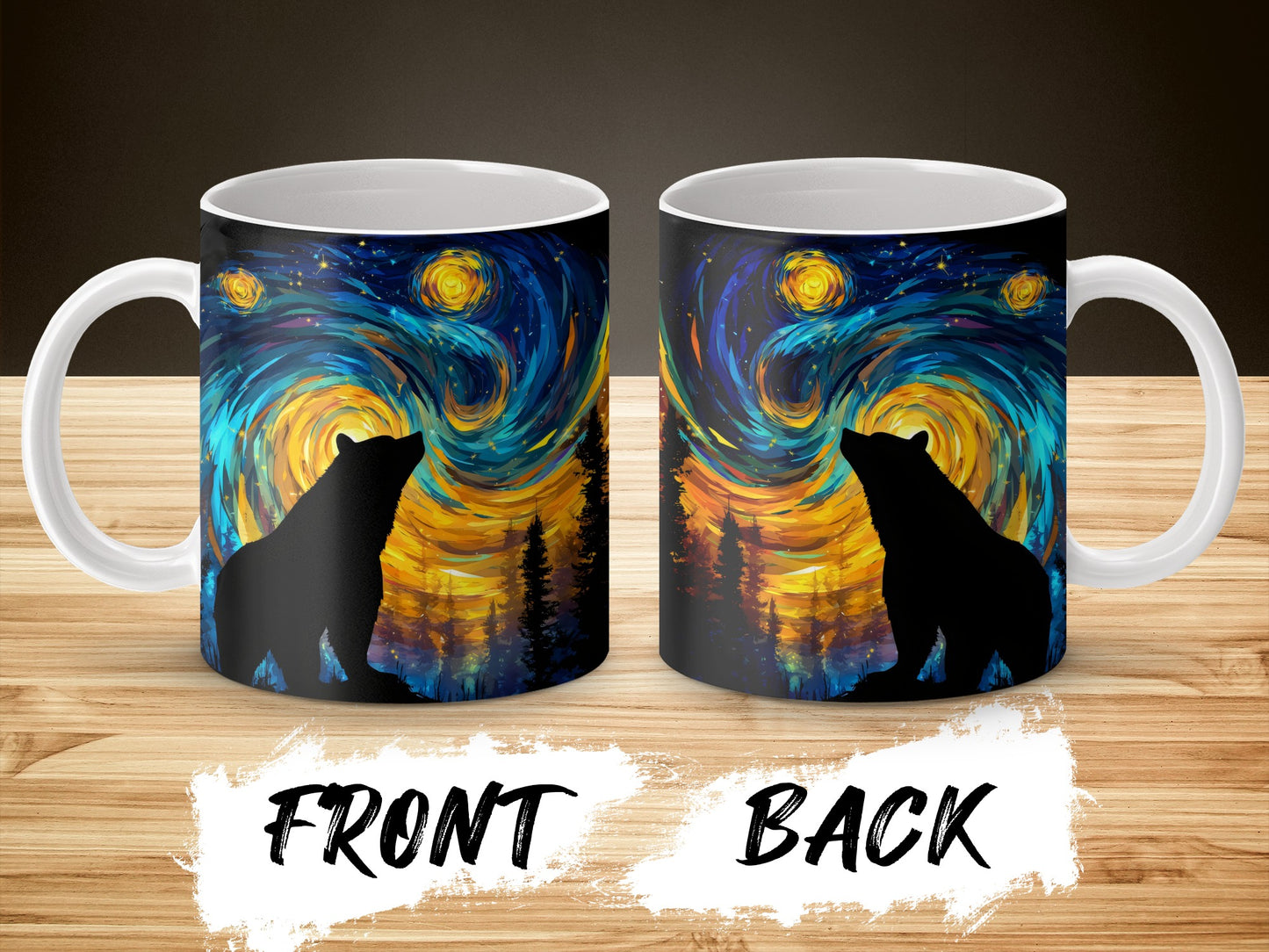 Van Gogh Starry Night Inspired Coffee Mug, Artistic Bear Silhouette, Unique Art Lover Gift, Dual Design Ceramic Cup