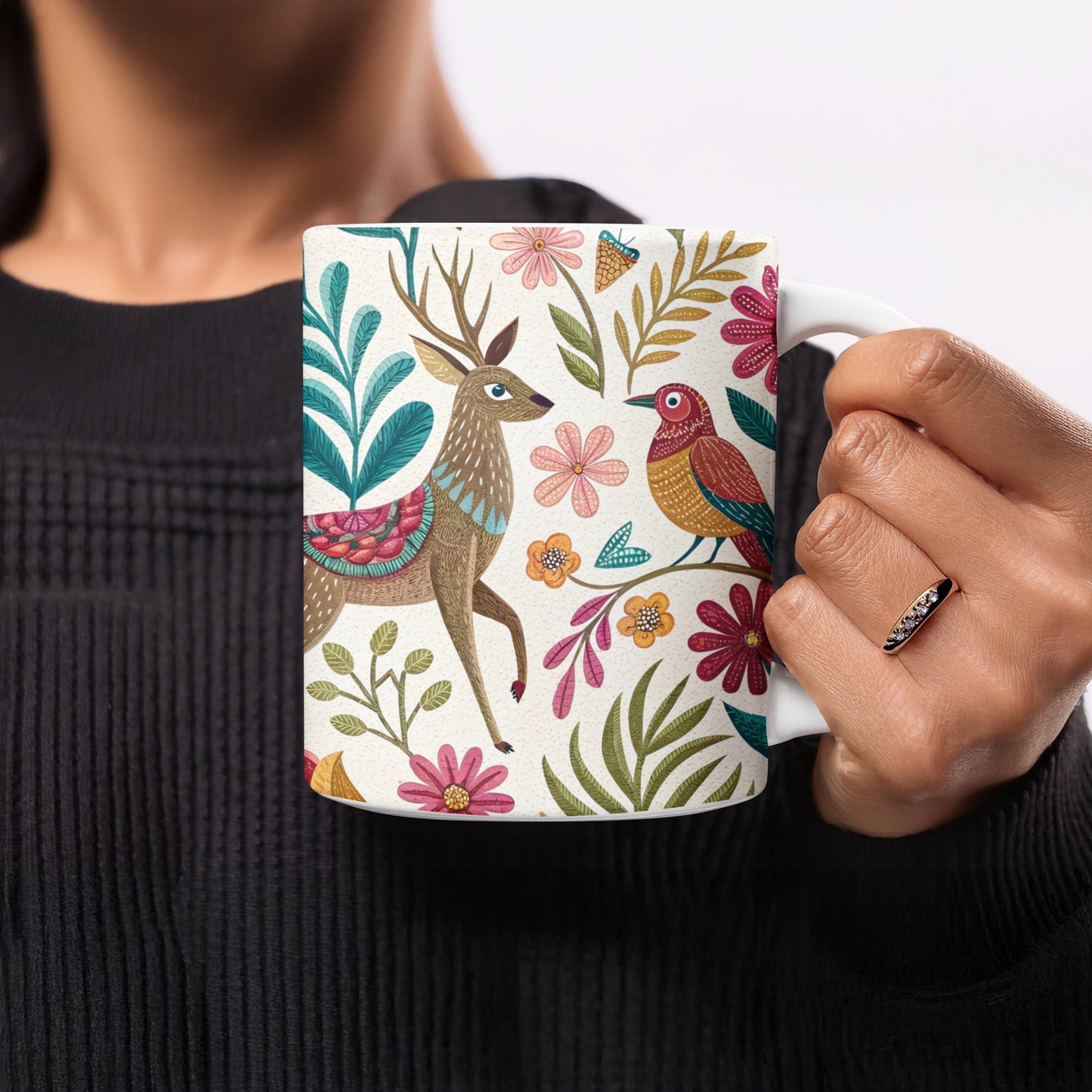 Colorful Deer and Bird Patterned Mug product type