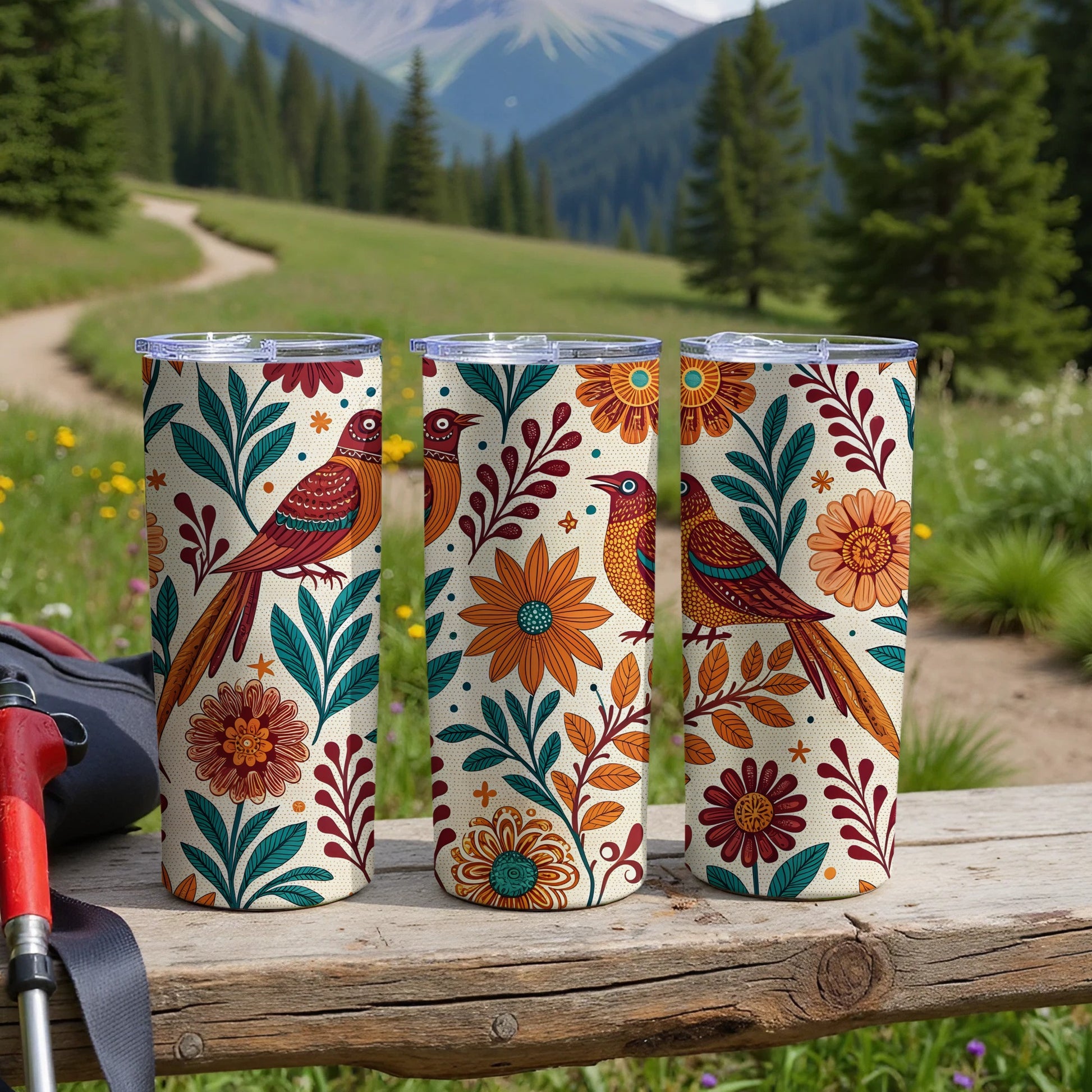 Colorful Floral Bird Design Tumbler 20oz Drinking Product