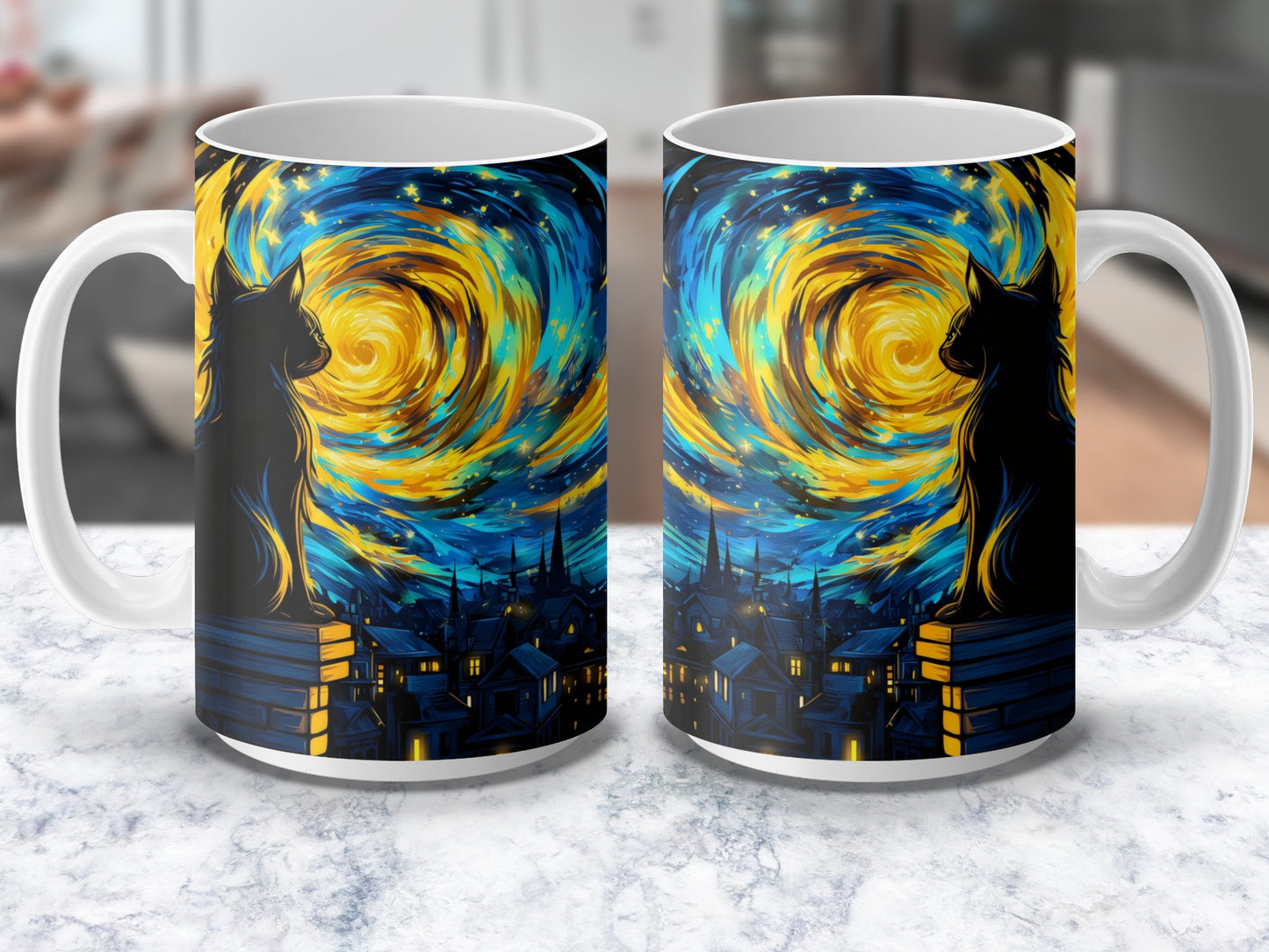Van Gogh Inspired Starry Night Cat Silhouette Coffee Mug, Artistic Blue Yellow Ceramic Cup