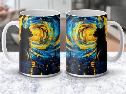 Van Gogh Inspired Starry Night Cat Silhouette Coffee Mug, Artistic Blue Yellow Ceramic Cup
