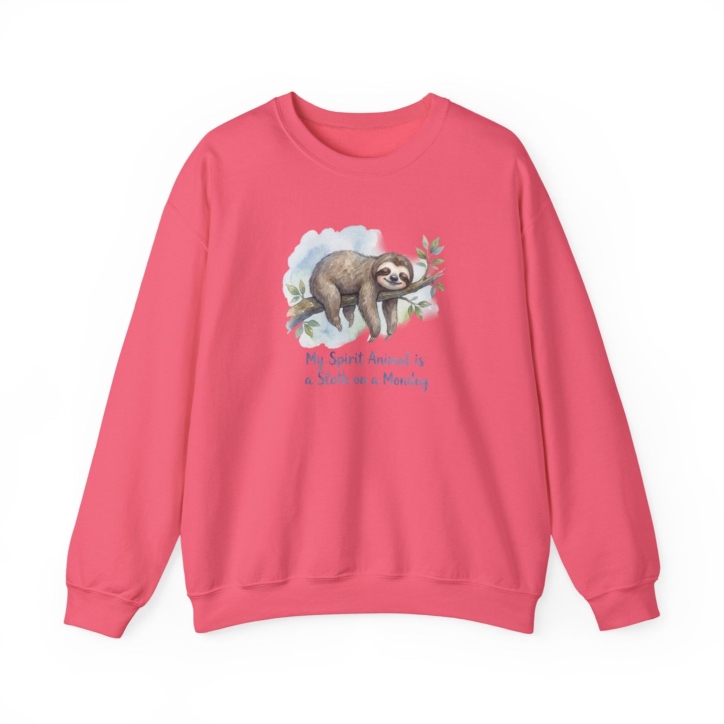Pink sweatshirt with a sloth on a branch and text "My Spirit Animal is a Sloth on a Monday".