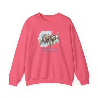 Pink sweatshirt with a sloth on a branch and text "My Spirit Animal is a Sloth on a Monday".