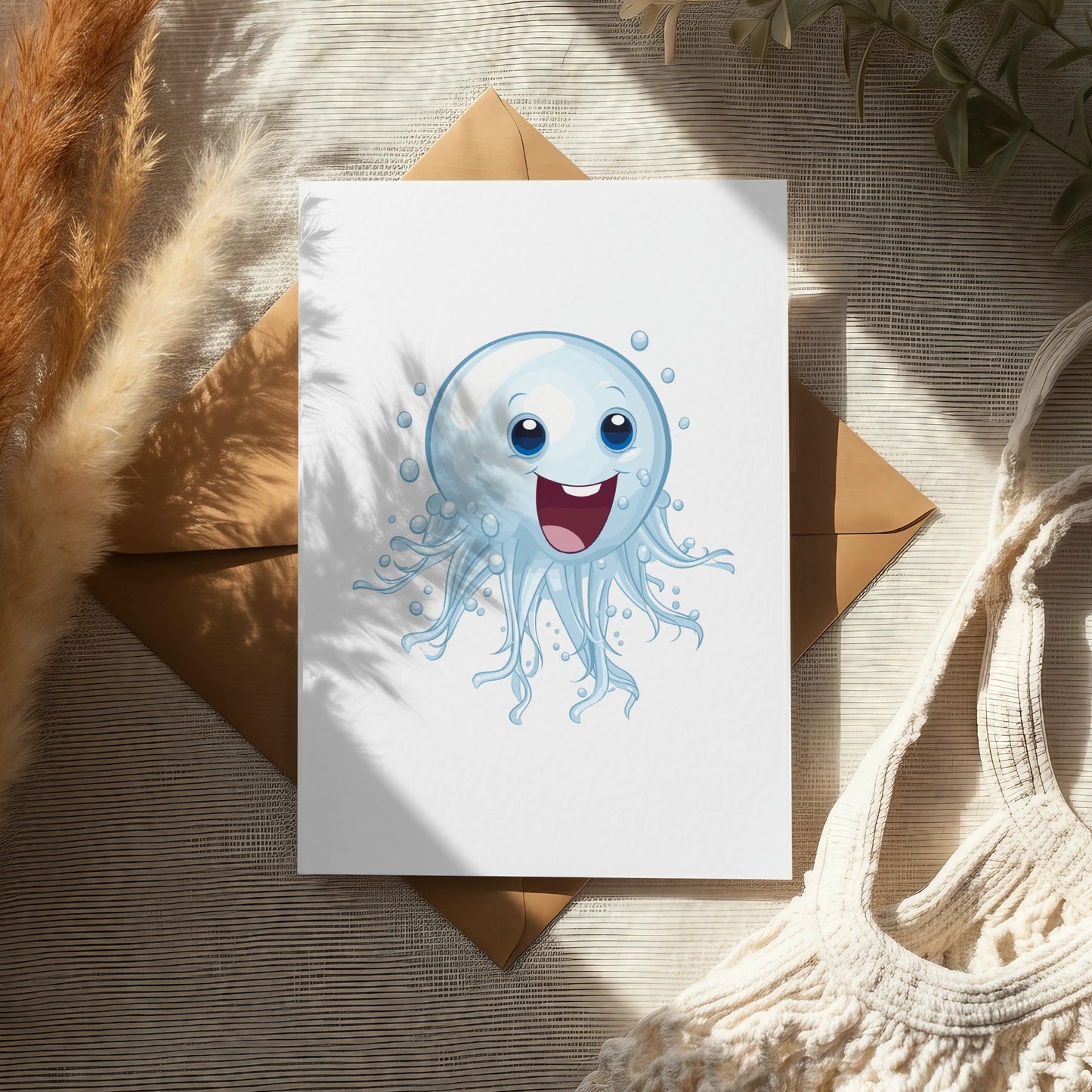 Cute Cartoon Octopus Greeting Card, Blue Smiling Octopus Illustration, Playful Sea Creature Art Card with Envelope