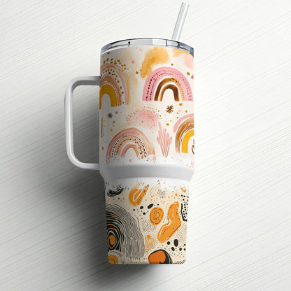 Bohemian Style Tumbler with Straw, Colorful Rainbow and Abstract Patterns, Insulated Travel Cup