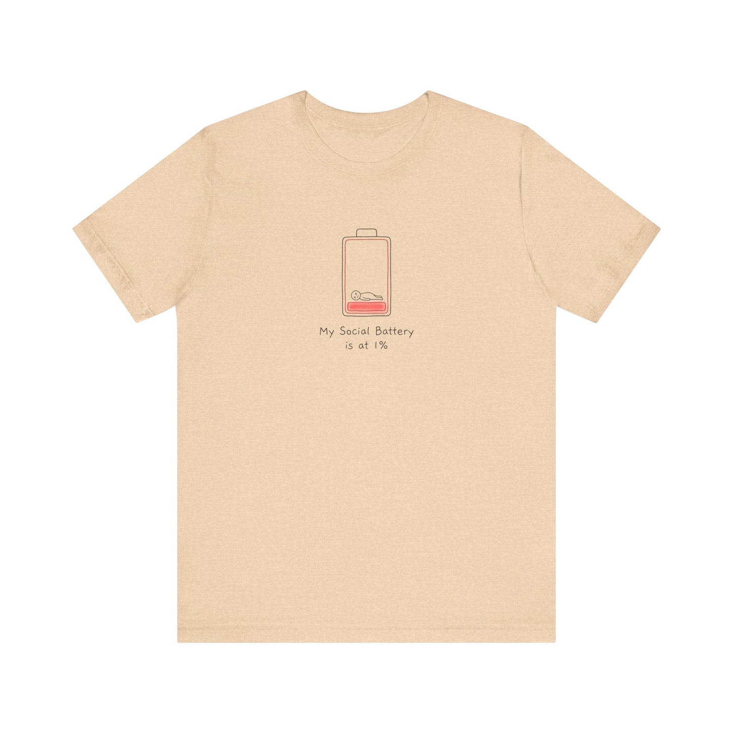 Peach t-shirt with a low battery graphic and text "My Social Battery is at 1%".