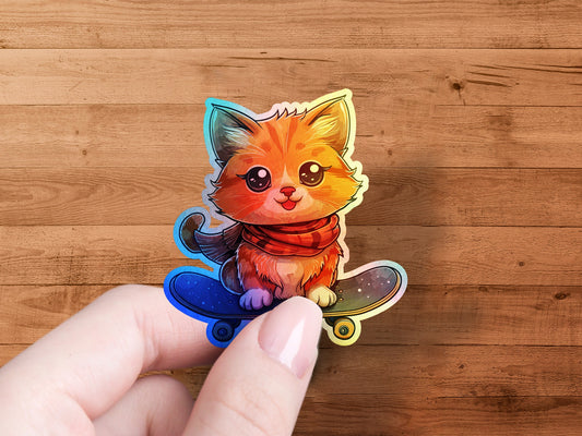 Adorable Cat on Skateboard Sticker Cute Decor Product