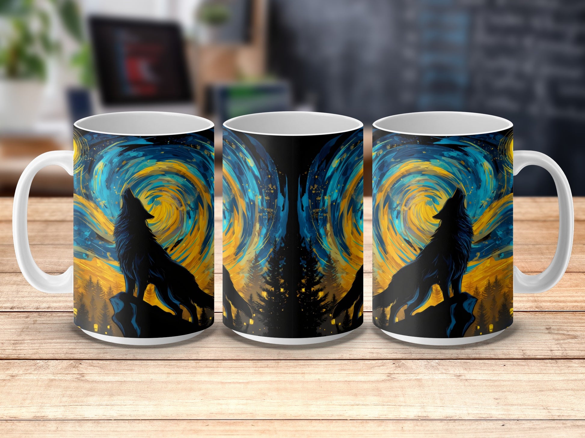 Wolf Silhouette Starry Night Art Mug, Unique Van Gogh Inspired Coffee Cup, Artistic Home Decor Drinkware Gift