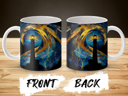 Abstract Art Coffee Mug, Blue and Gold Swirl Design, Unique Lightning Pattern, Modern Artistic Drinkware, Ceramic Cup for Gift