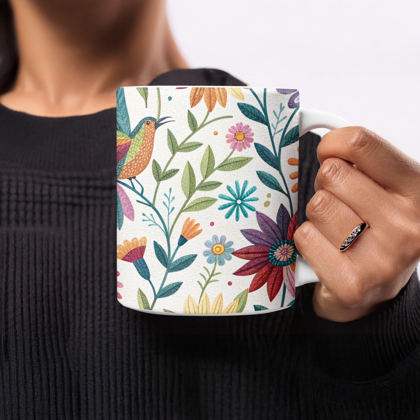 Vibrant Floral and Bird Design Coffee Mug product