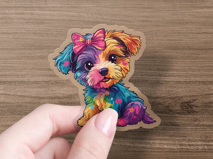 Adorable Colorful Puppy with Bow Sticker product