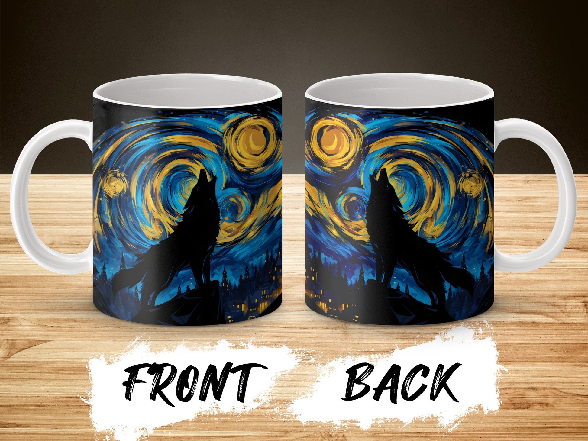 Starry Night Wolf Howling Design Coffee Mug, Artistic Full Moon Ceramic Cup