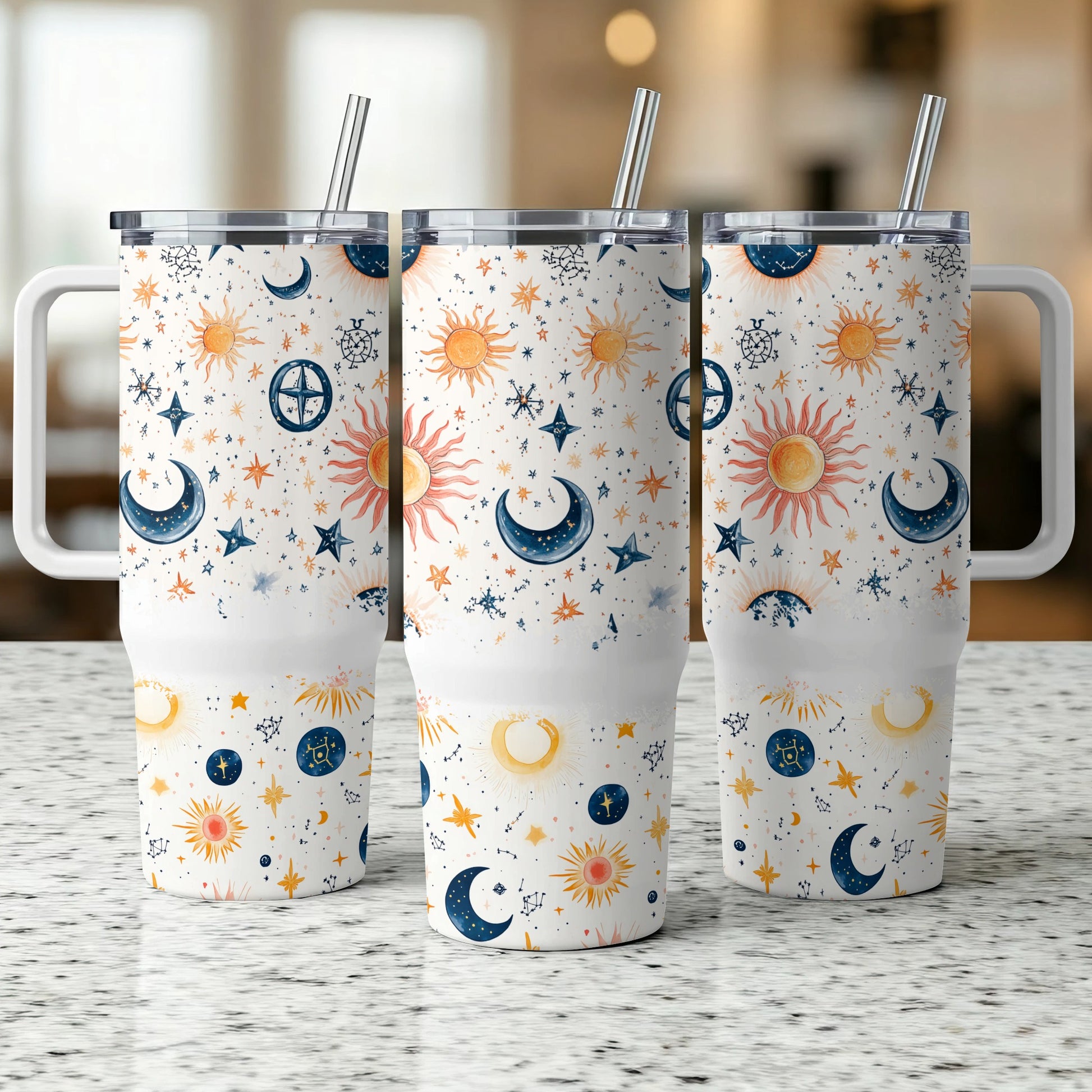 Celestial Pattern Insulated Tumblers with Lids and Straws, Sun Moon Stars, Reusable Travel Cups