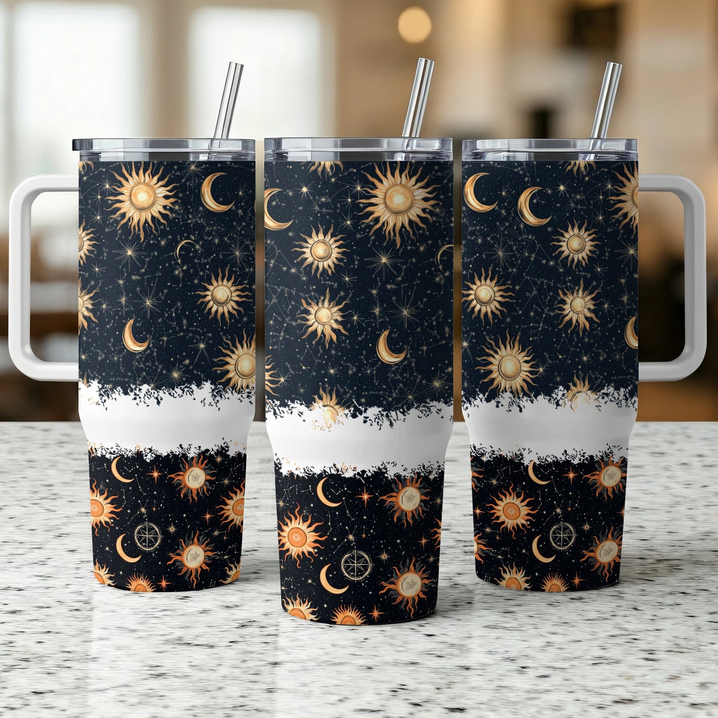 Celestial Tumbler Cups, Moon and Sun Design, Reusable Drinkware with Straws, Stellar Graphics, Set of 3