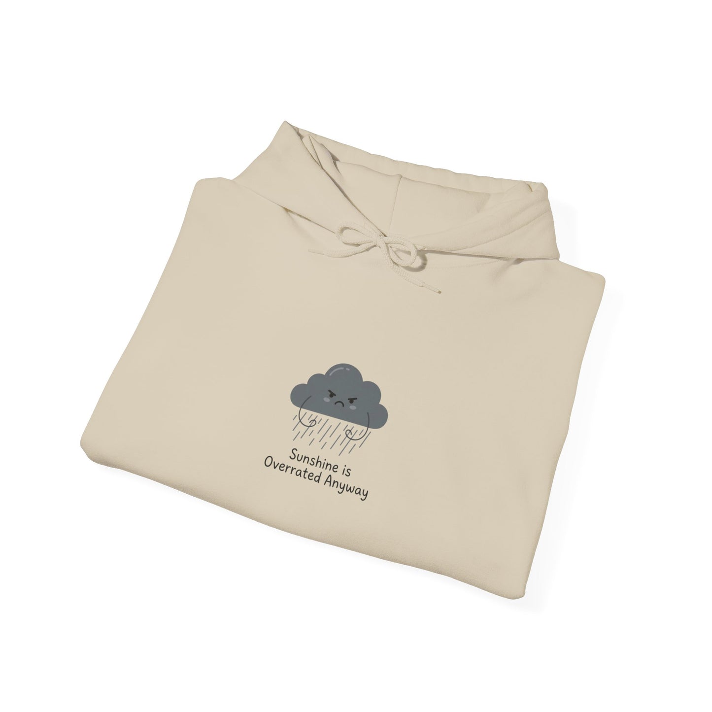 Light beige hoodie with a grumpy cloud graphic and text.