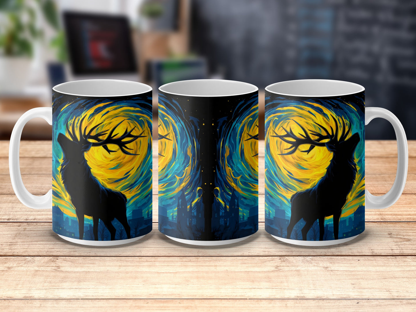Van Gogh Starry Night Inspired Deer Silhouette Art Coffee Mugs, Artistic Drinkware Set of 3