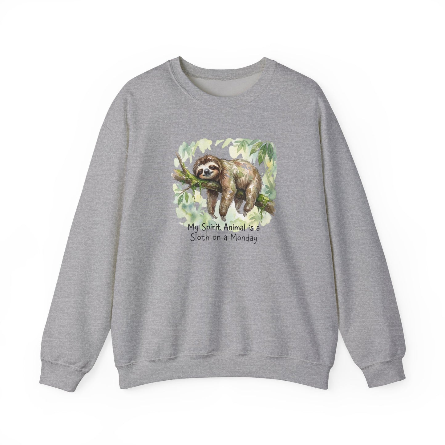 Gray sweatshirt with a sloth illustration and text "My Spirit Animal is a Sloth on a Monday".