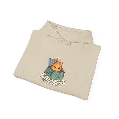 Beige hoodie with a cartoon dumpster fire that says "EVERYTHING IS FINE".