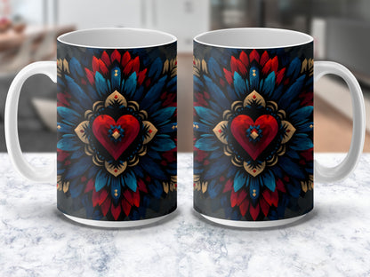 Colorful Mandala Heart Design Coffee Mug, Bohemian Style Ceramic Cup, Unique Gift Idea