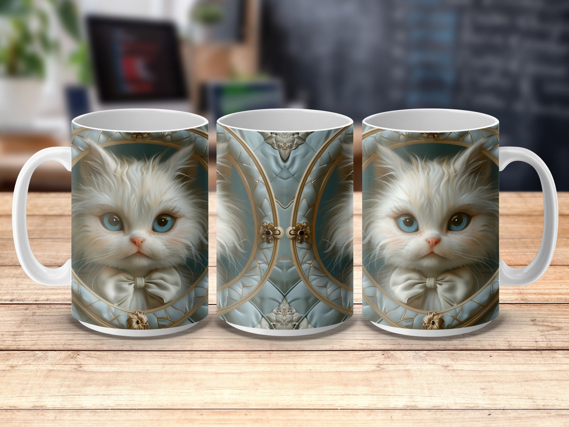 Cute Cat Art Mug, White Fluffy Kitten Coffee Cup, Unique Cat Lover Gift, Decorative Kitchenware, Pet Portrait Drinkware