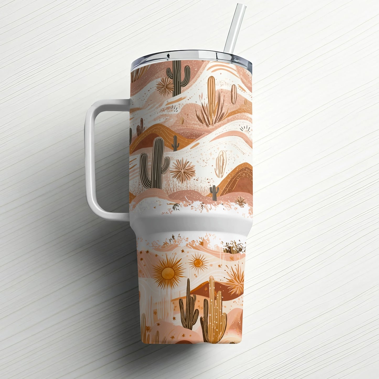 Desert Landscape Tumbler with Straw, Cactus Print Travel Mug, Insulated Stainless Steel Cup for Outdoors