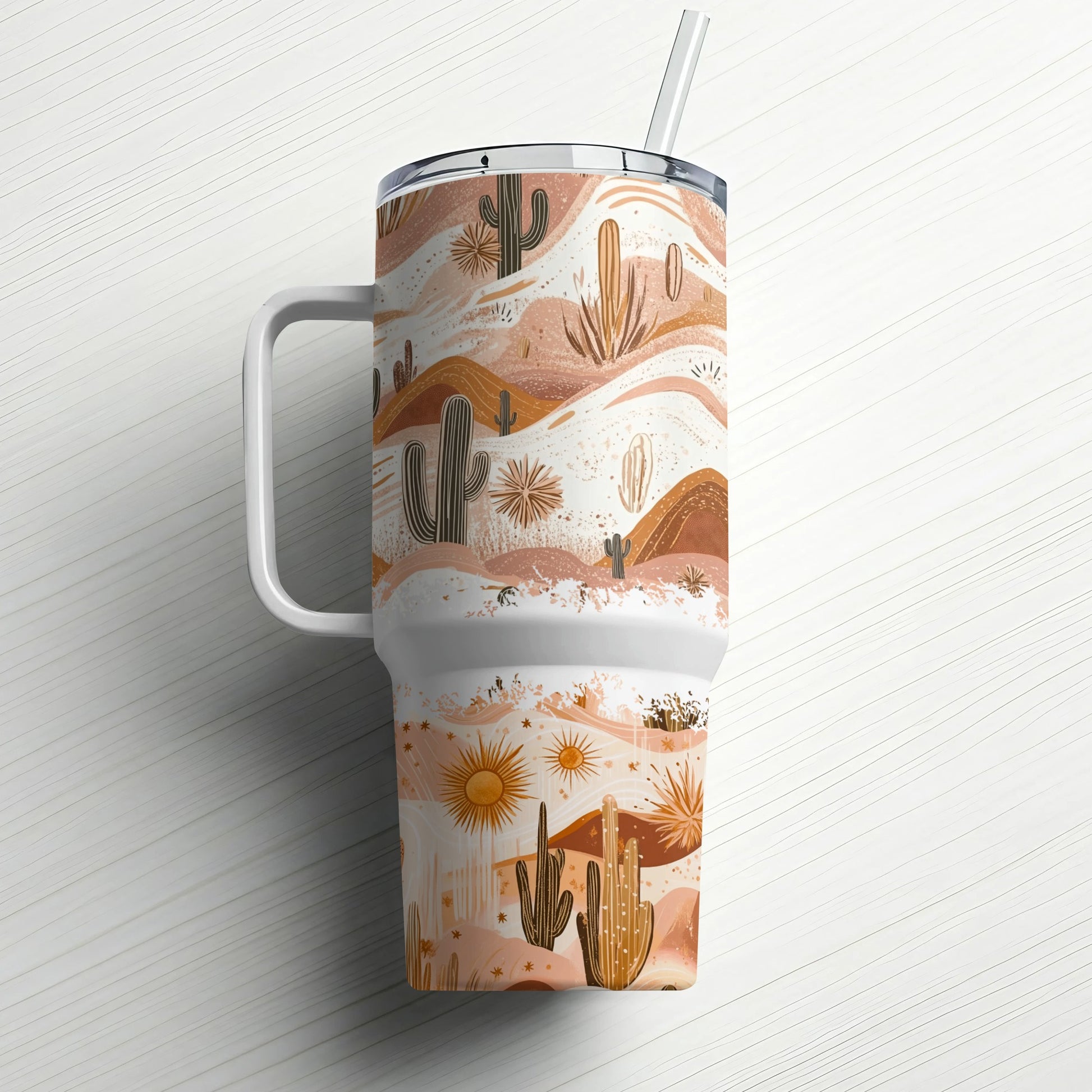 Desert Landscape Tumbler with Straw, Cactus Print Travel Mug, Insulated Stainless Steel Cup for Outdoors