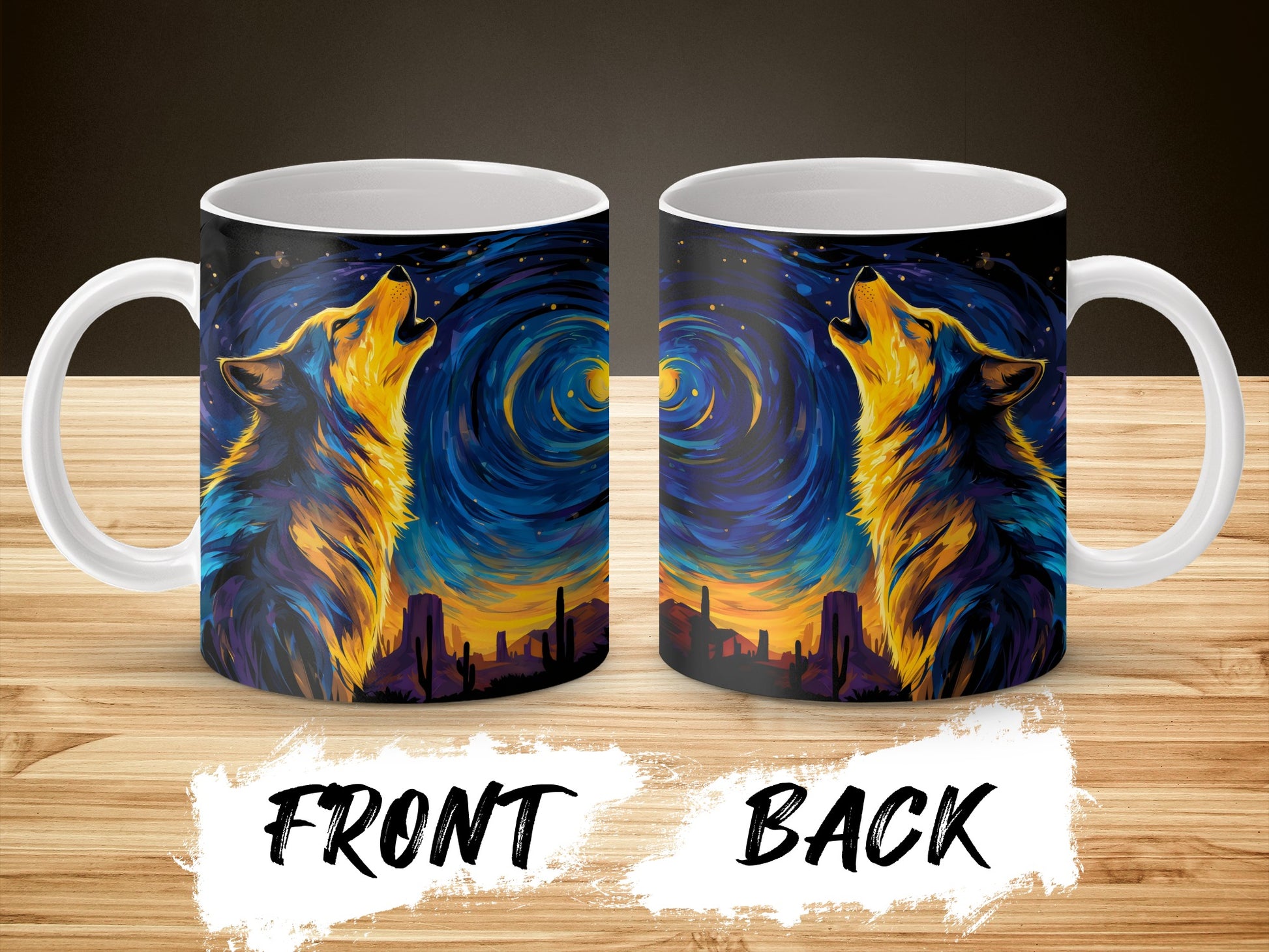 Van Gogh Starry Night Inspired Wolf Coffee Mug, Artistic Animal Cup, Unique Gift Idea