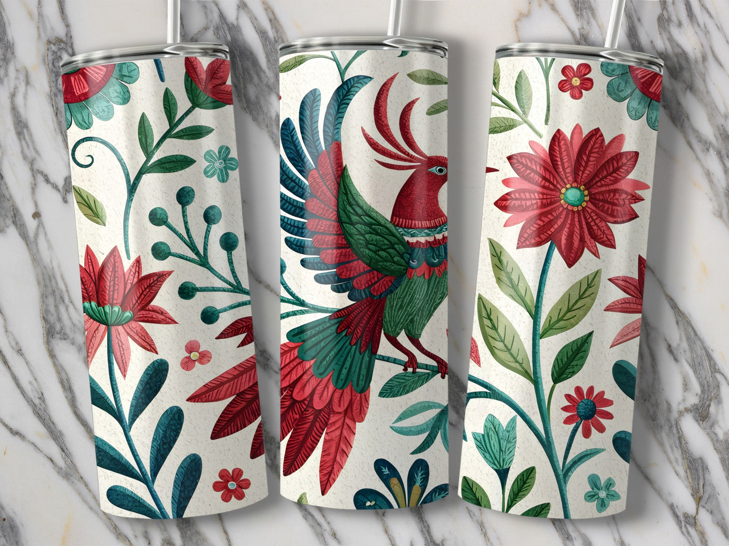 Vibrant Red Green Bird Floral Design Tumbler product