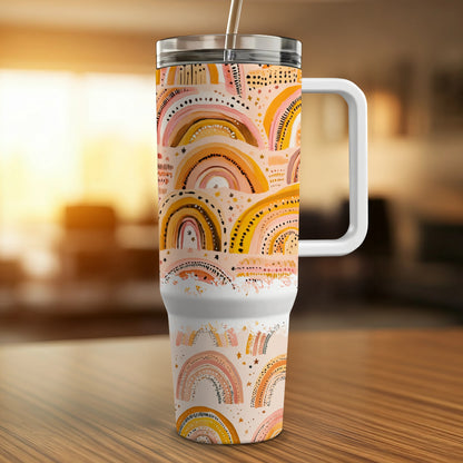 Boho Rainbow Travel Mug, Insulated Coffee Cup, Stainless Steel, Colorful Retro Design, 20 oz, Gift Idea