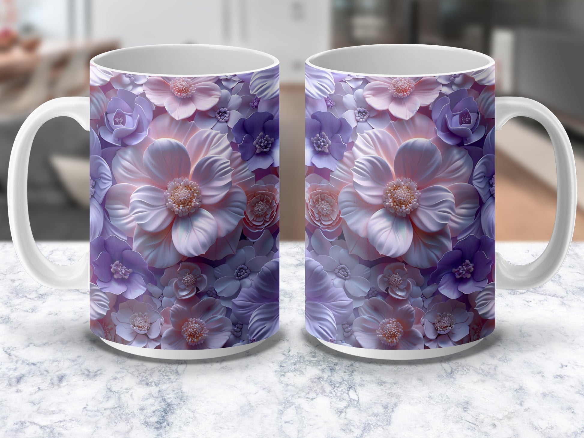 Floral Coffee Mugs, Purple Flower Print, Elegant Tea Cups, Gift for Her, Set of 2, Kitchen Decor