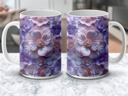 Floral Coffee Mugs, Purple Flower Print, Elegant Tea Cups, Gift for Her, Set of 2, Kitchen Decor