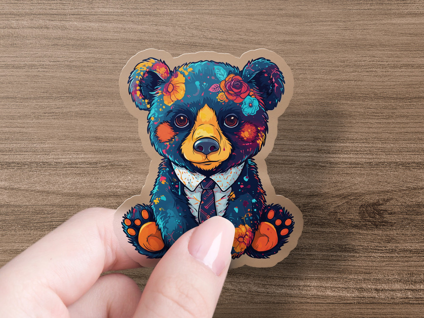 Colorful Bear Art Sticker with Flowers product type