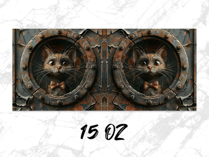 Steampunk Cat Art Print, Vintage Industrial Style Cat Poster, Rustic Wall Decor, Unique Gift for Cat Lovers, Double Cat Illustration 15 Oz