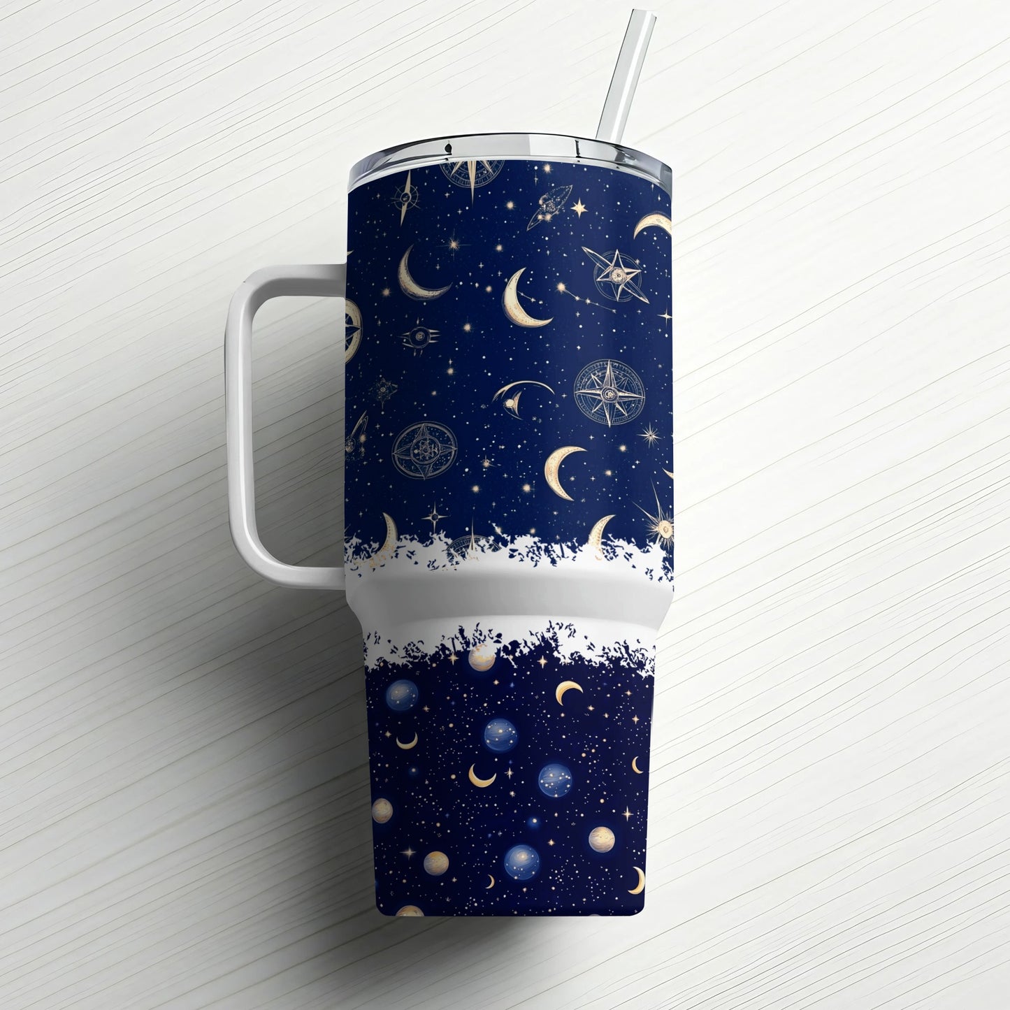 Celestial Tumbler with Straw, Navy Blue Gold Moon Stars Pattern, Reusable Insulated Drinkware