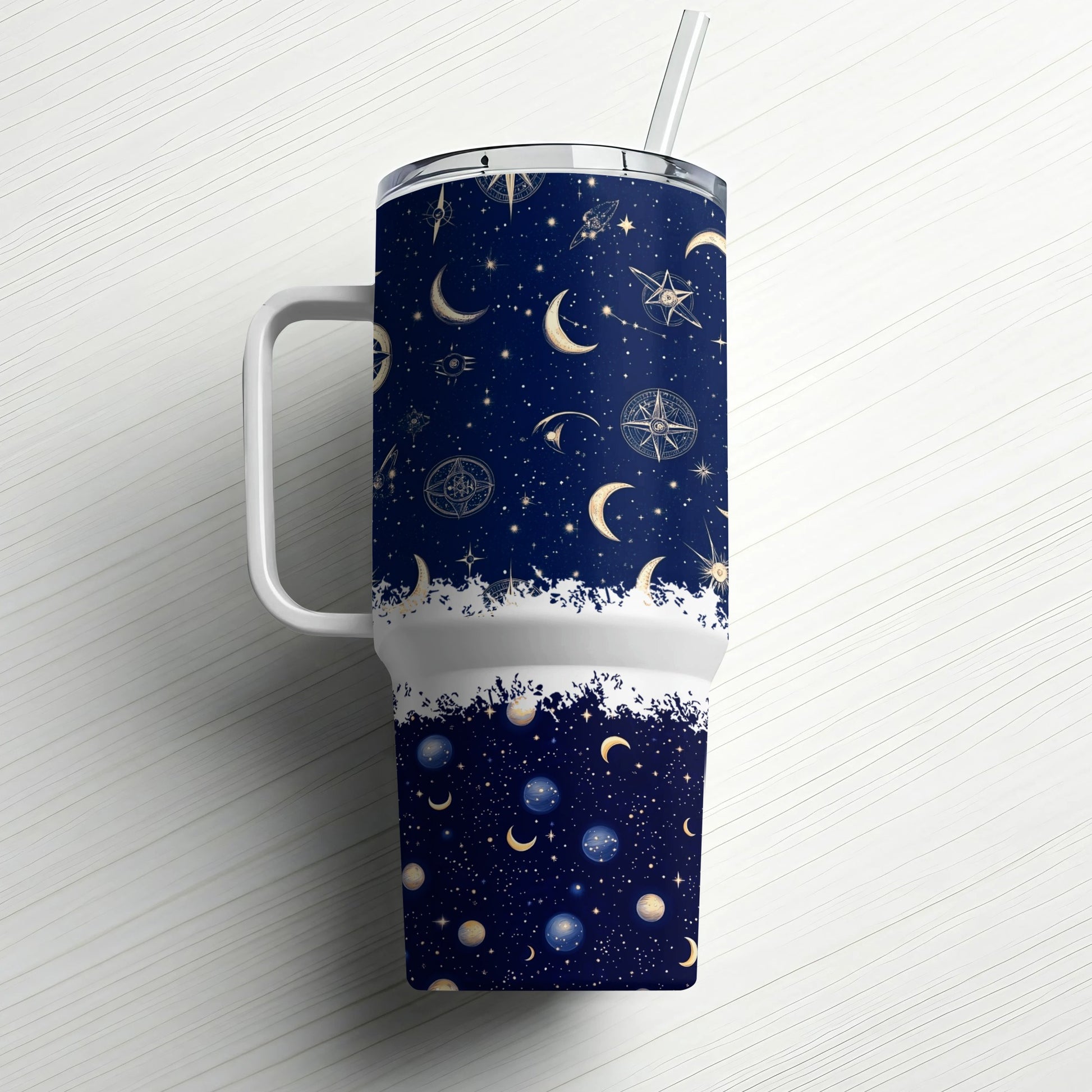 Celestial Tumbler with Straw, Navy Blue Gold Moon Stars Pattern, Reusable Insulated Drinkware