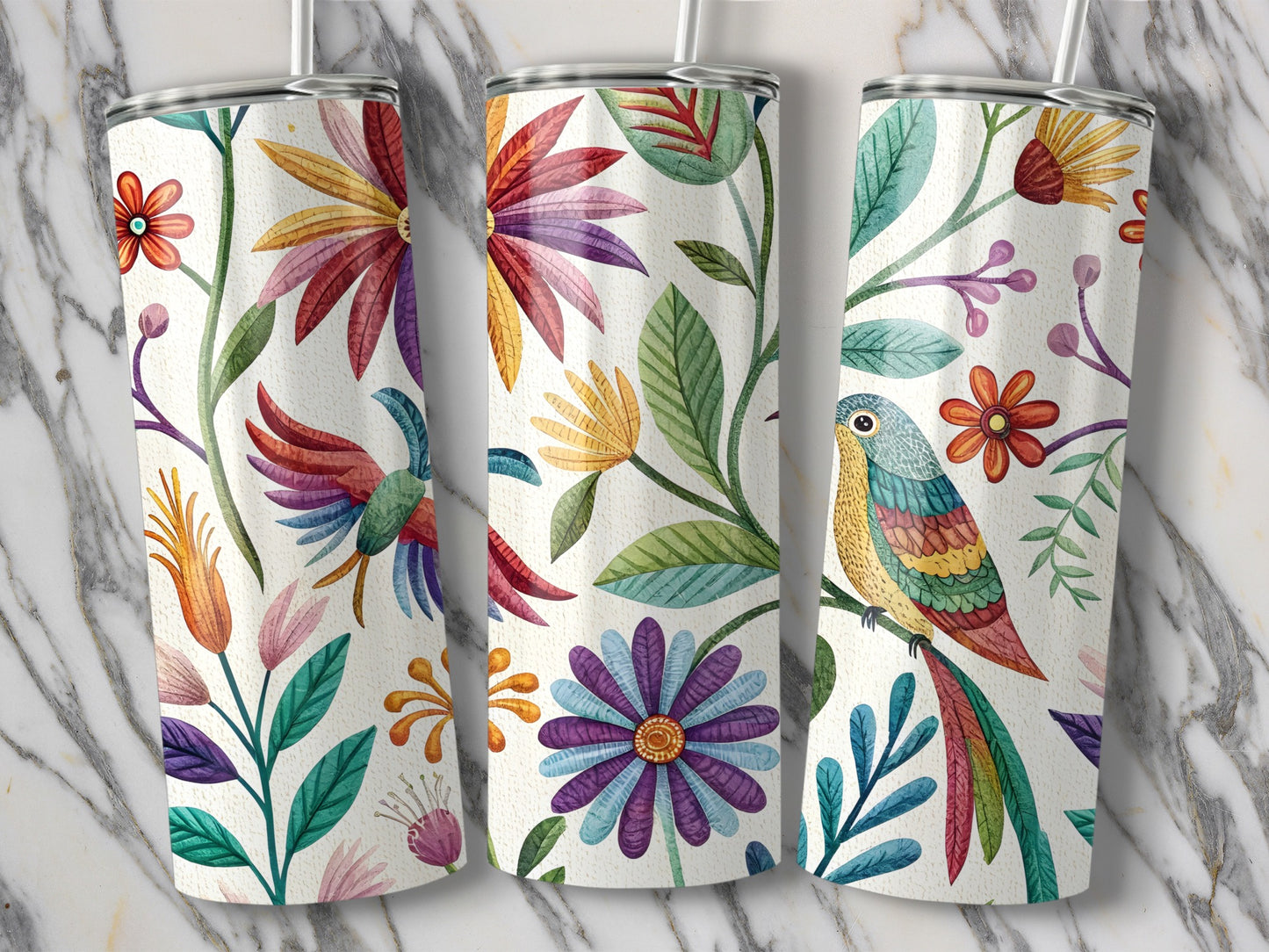 Colorful Floral and Bird Design Tumbler product