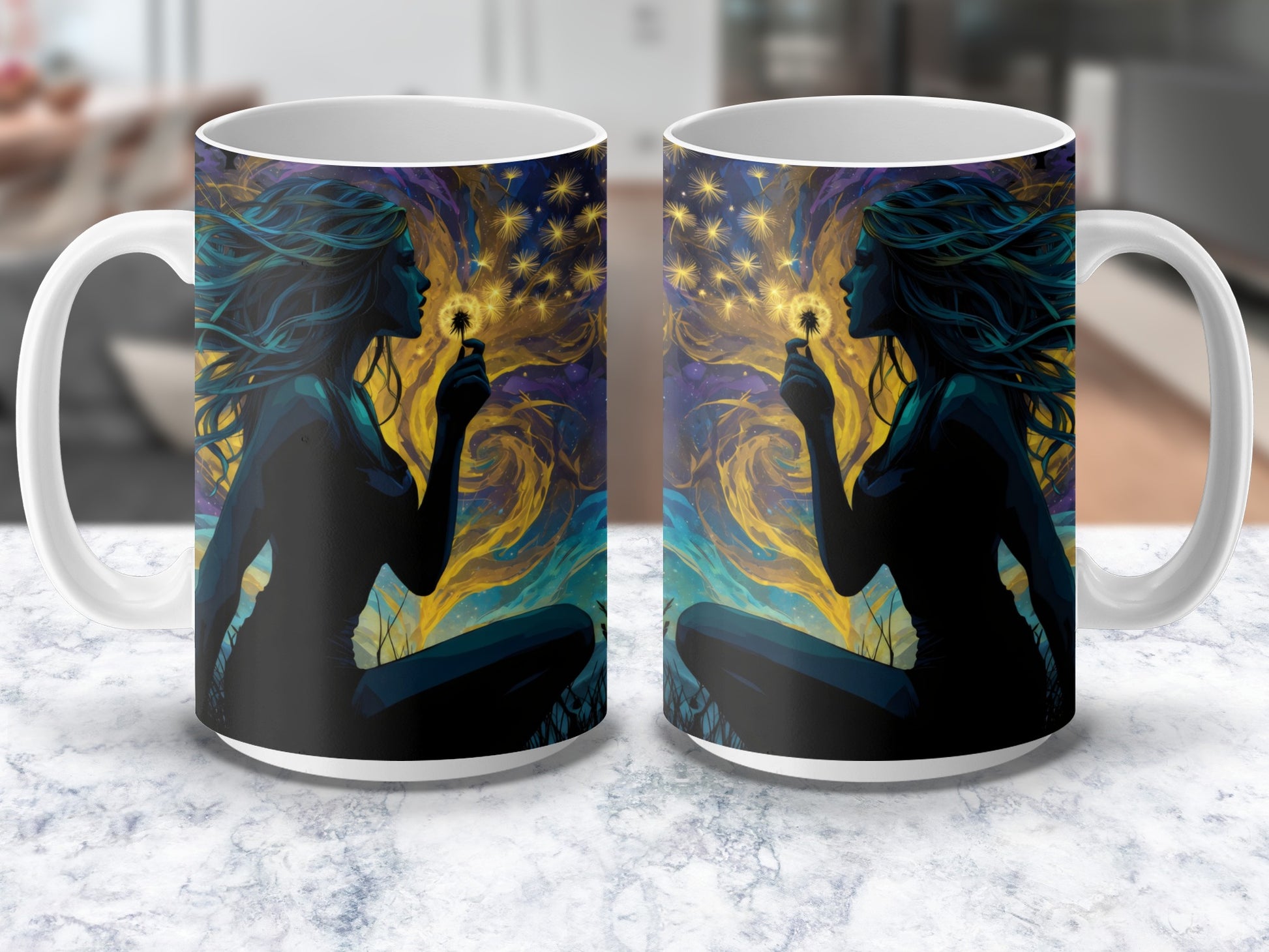 Fantasy Art Coffee Mug, Mystical Woman with Stars, Colorful Cosmic Artwork, Unique Gift Idea