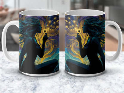 Fantasy Art Coffee Mug, Mystical Woman with Stars, Colorful Cosmic Artwork, Unique Gift Idea