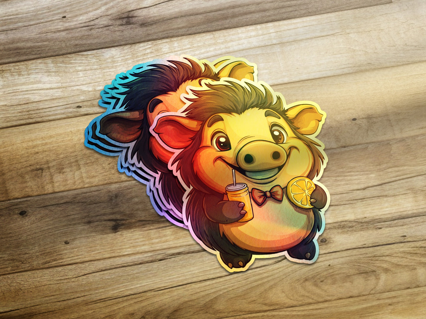 Happy Pig Drinking Lemonade on Wooden Surface product type